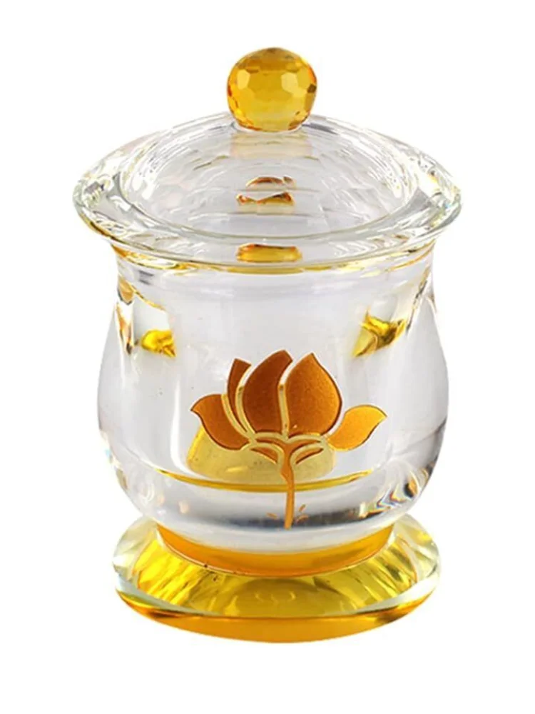 Crystal Glass Offering Cup Lotus Printed Holy Water Cup Buddhist Bowl Tibetan