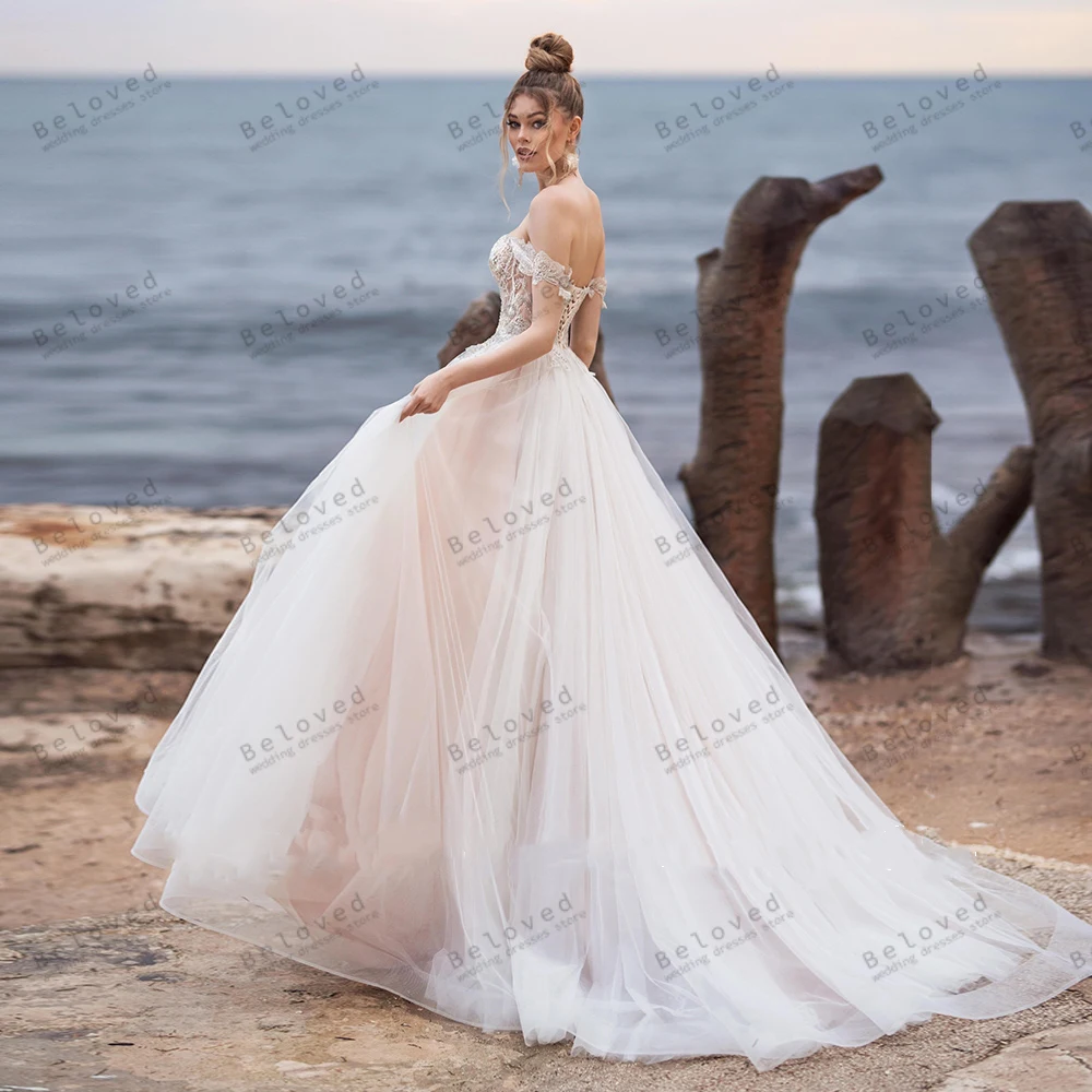 Vestidos De Novia Vintage para mujer, acampanada túnica De tul con hombros descubiertos, escote Corazón, Espalda descubierta, elegante, 2024