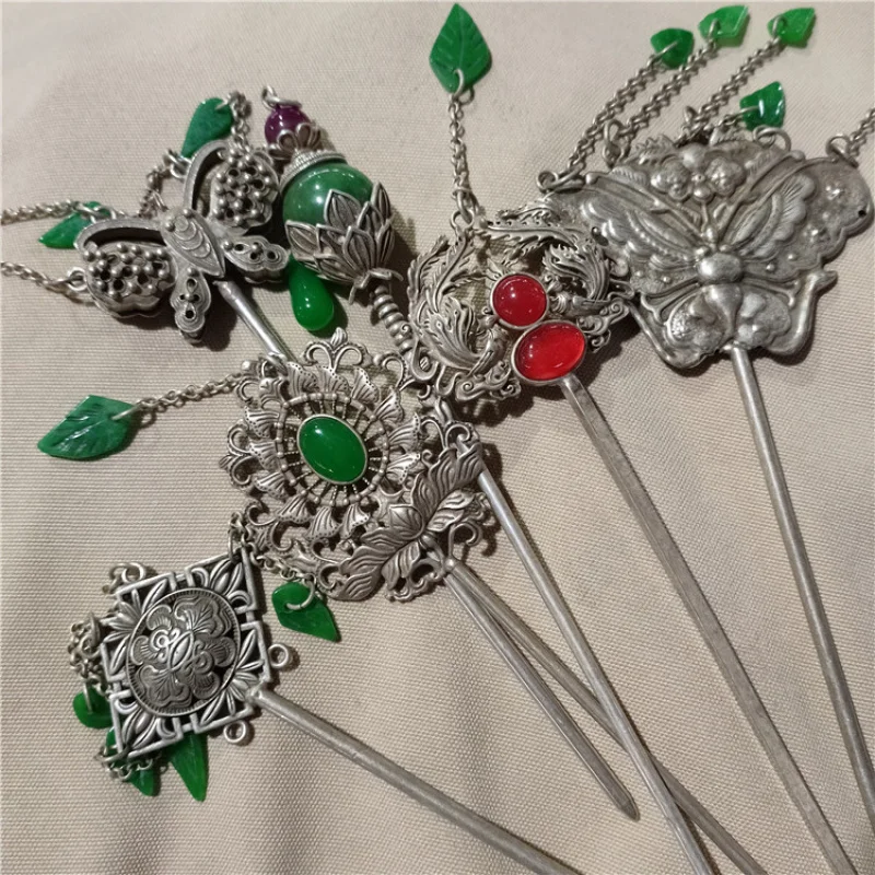 

Wholesale Antique-Style Distressed Handicrafts White Copper Silver-Plated Hairpin Double-Sided Hollow Tibetan Silver Hair Stylin