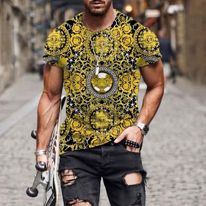 Luxury Baroque style 3D printed T-shirt for men and women, high-quality polyester round neck loose fitting short sleeved T-shirt