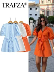 TRAFZA Female Casual Loose Mini Dress Solid Orange O-Neck Puff Sleeve With Bow Belt Dress 2024 Summer Trendy Mujer Vestidos