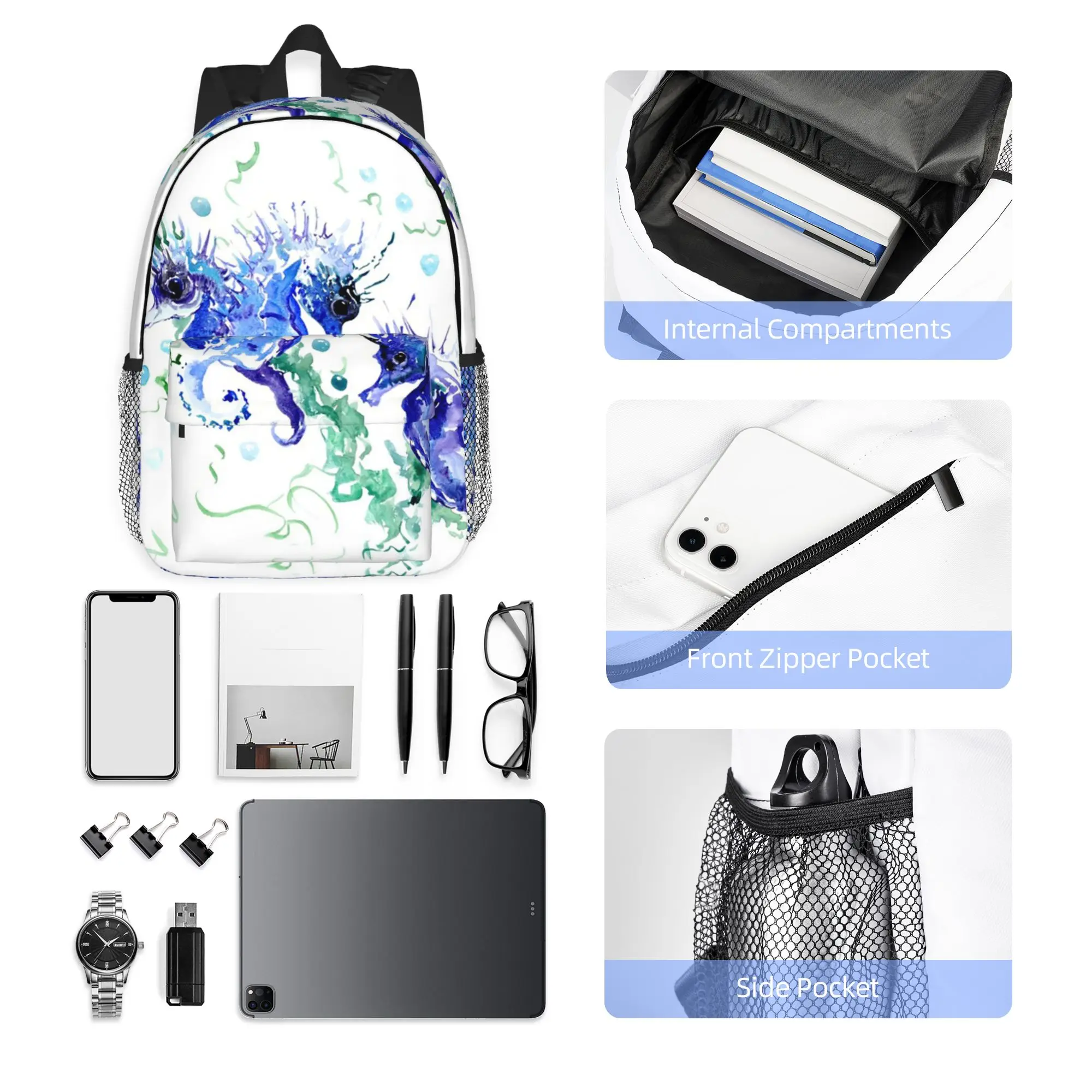 Blue Seahorses Backpack Hot Sale Daypack Large Capacity Boys Girls BookBag Shoulder Bags for Men Women School Bag