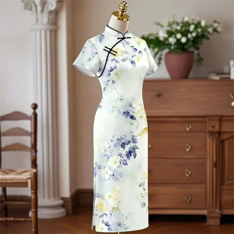 

Standing Collar Qipao Skirt New Style Hip Hugging Short Sleeved New Chinese Style Fresh Elegant And Noble Temperament