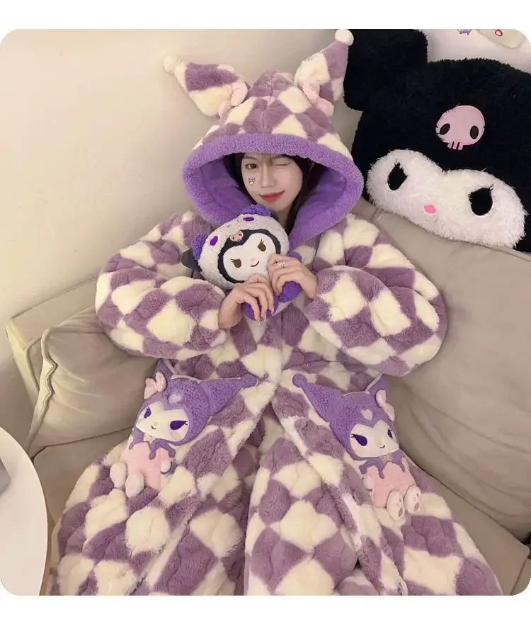 Sanrio Cartoon Kuromi Pajamas Suit  Coral Fleece Three Layer Winter Warm Long Sleeve Thickened Women Homewear  Night Clothes