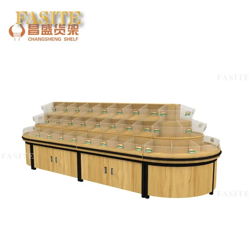 For Supermarket Convenience Store Mall Steel and Wood Candy Rack Dried Fruit Display Shelf Bulk Snack Cake Storage Cabinet