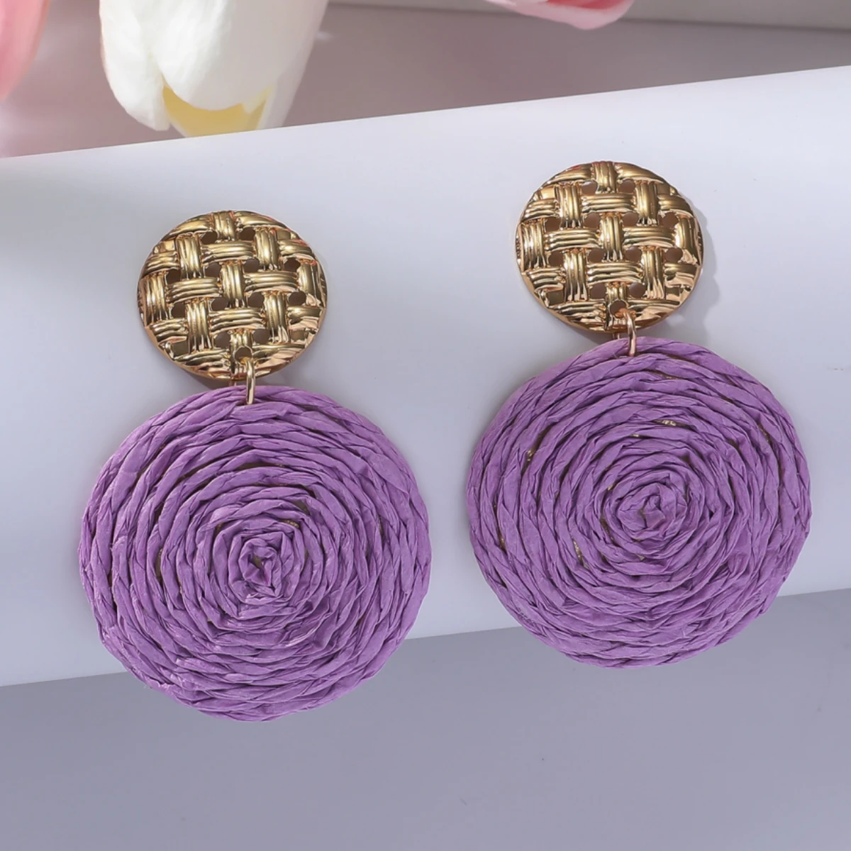 Bohemian-inspired handmade raffia circle earrings Fresh and sweet-styled colorful geometric ear accessories Perfect for women's