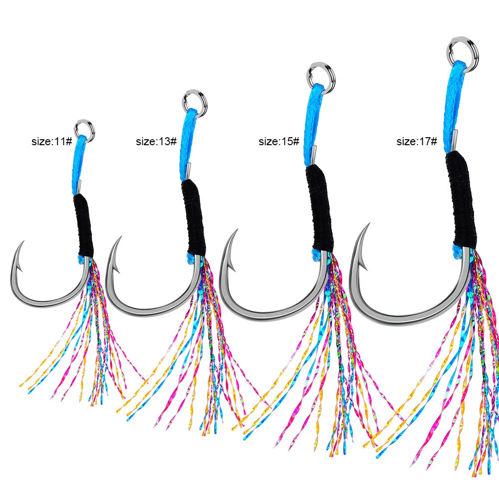 10Pcs Metal Jig Tail Assist Hooks 11-17# With PE Line Feather Solid Ring Jigging Fishhook Lure Fishing Hooks