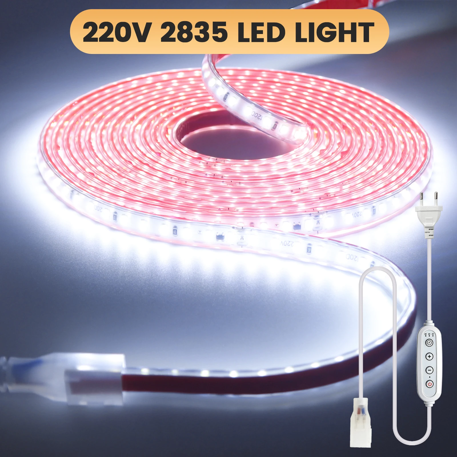 AC 220V Timing Dimmable LED Strip Waterproof Red/Pink/Green/Ice Blue/White 120Leds/M Self Adhesive Flexible Ribbon Tape Light