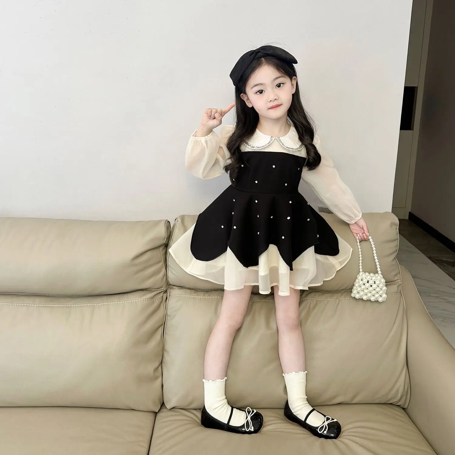 

Сверкающее платье принцессы с воротником Питера Пэна для девочек, весна 2021, новое платье из двух предметов ручной работы с бриллиантами для девочек