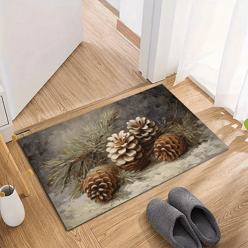 Rustic Pinecone Entry Mat Vintage Oil Painting Style Pine Branch Nature Art Floor Rug Fall Decor Carpet for Front Door Entrance