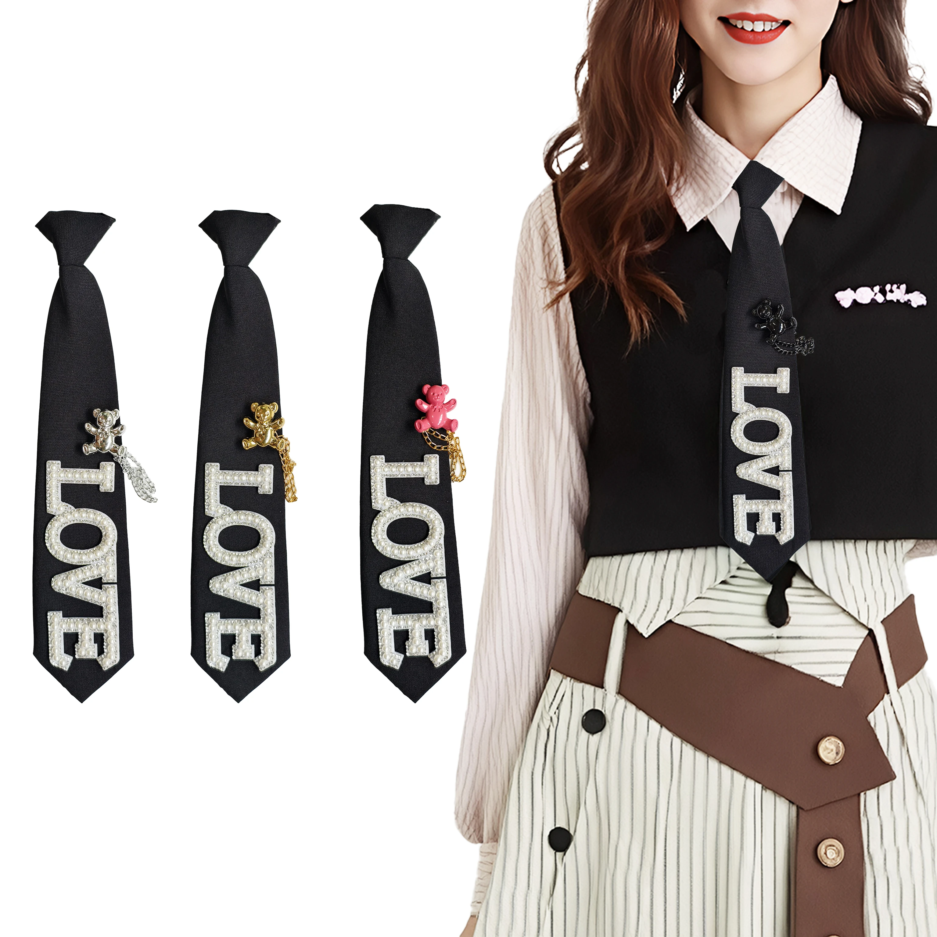 Eine handgefertigte Damen-Krawatte mit langem Liebesperlen-Schriftzug und Bärenkette, ein Must-Have für Partys und Halloween-Kostüme, kann als Geschenk gegeben werden, mit einem Rock-, Street-Style-