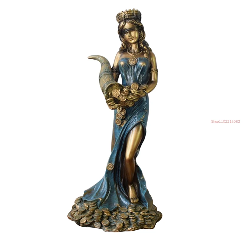 Blindfolded Fortuna Statue Ancient Greek Roman Goddess of Fortune Vintage Blue Luck Sculpture Decorations for Home