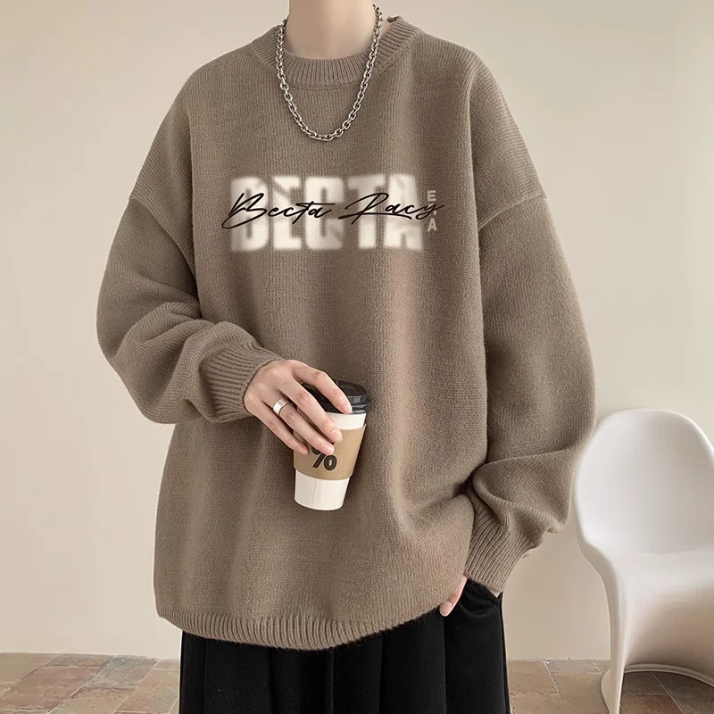 American Young Style Sweaters Autumn Winter Fashion Letter Printed Men's Clothing Loose Basic Casual O-Neck Knitted Pullovers