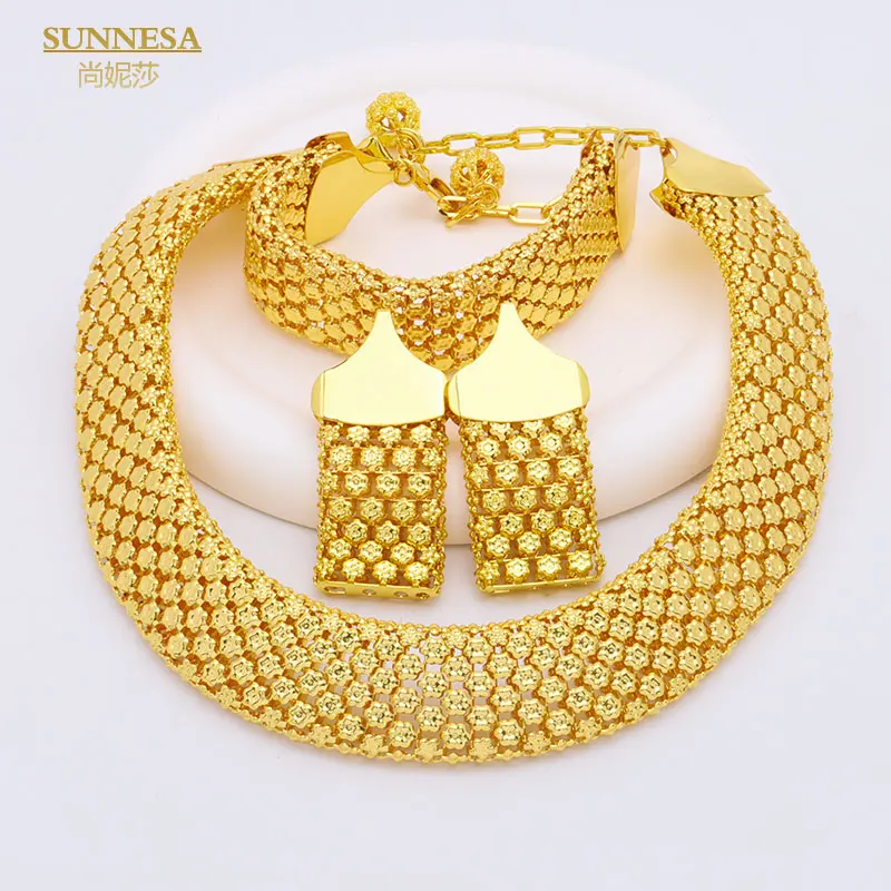 SUNNESA Trendy African Jewelry Set for Women Chunky Necklace Earrings Dubai Gold Plated Bracelet Fashion Jewellery for Party