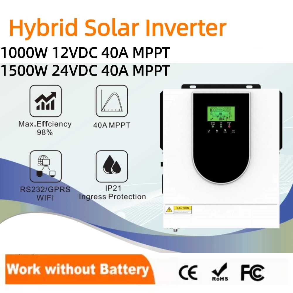 1KW 1.5KW Off-Grid Hybrid Inverter with 60A 80A MPPT Solar Charge DC 12V 24V to 230V AC Max PV 150Vdc Pure Sine Wave Inver