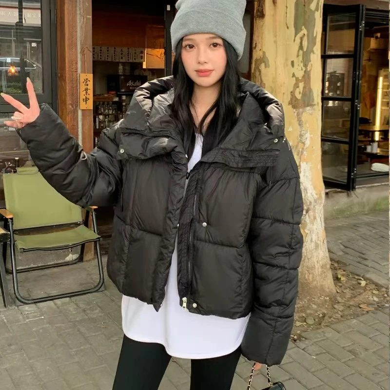 Winter Thick Hooded Crop Puffy Coats Women Black Fashion Mock Neck Zipper Shorts Coats Y2K Streetwear All Match Warm Jacket