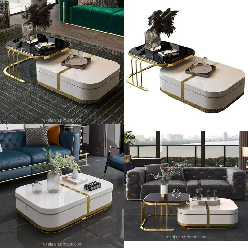 Nordic Minimalist Living Room Extendable Negotiation Square Marble Coffee Table With Side Table Folding Black Center Tables
