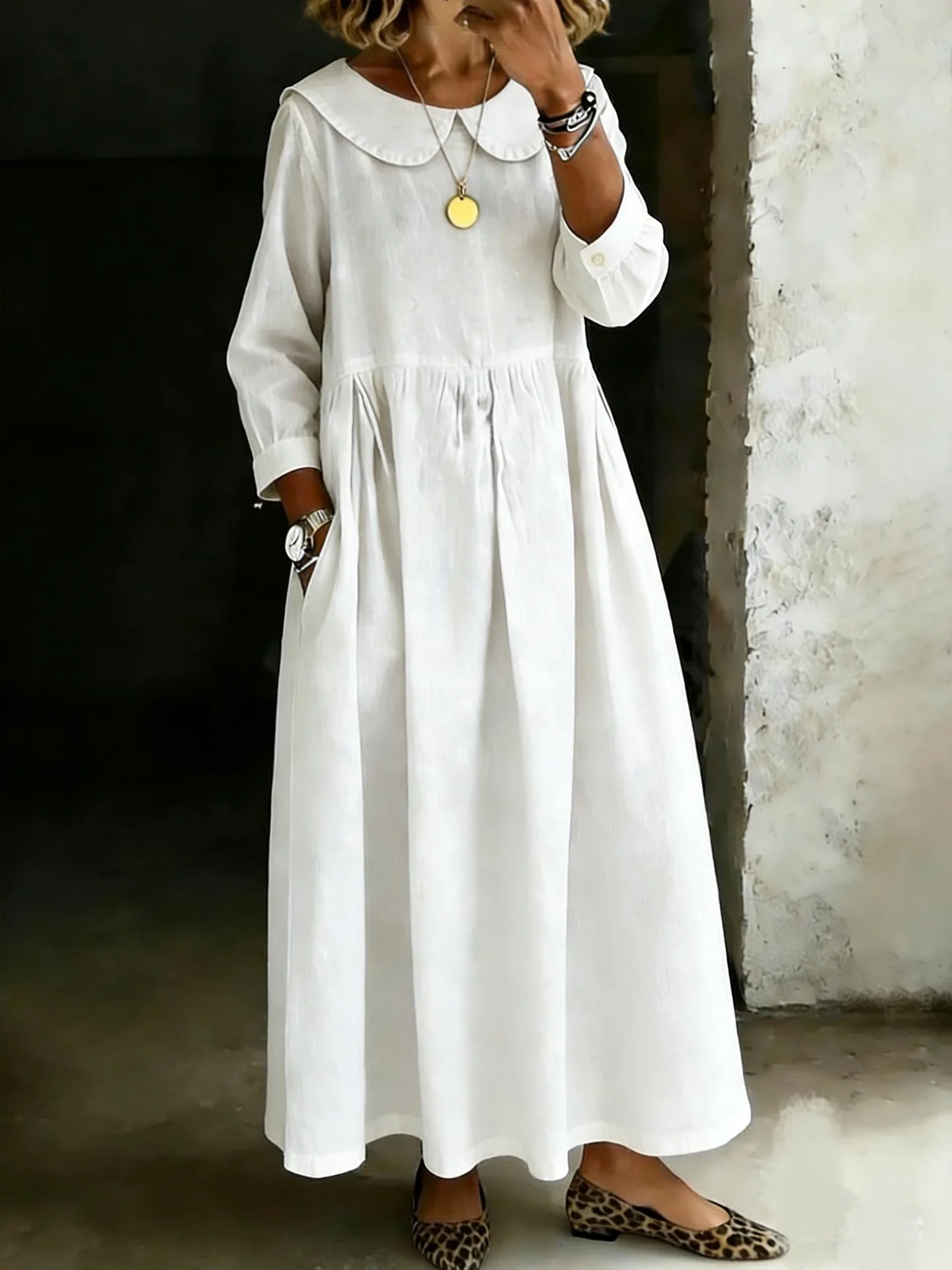

New Spring Fashion Casual Long Sleeve Peter Pan Collar Solid Color Loose Fit Pockets Ankle-Length Demin Dress,6 Colors