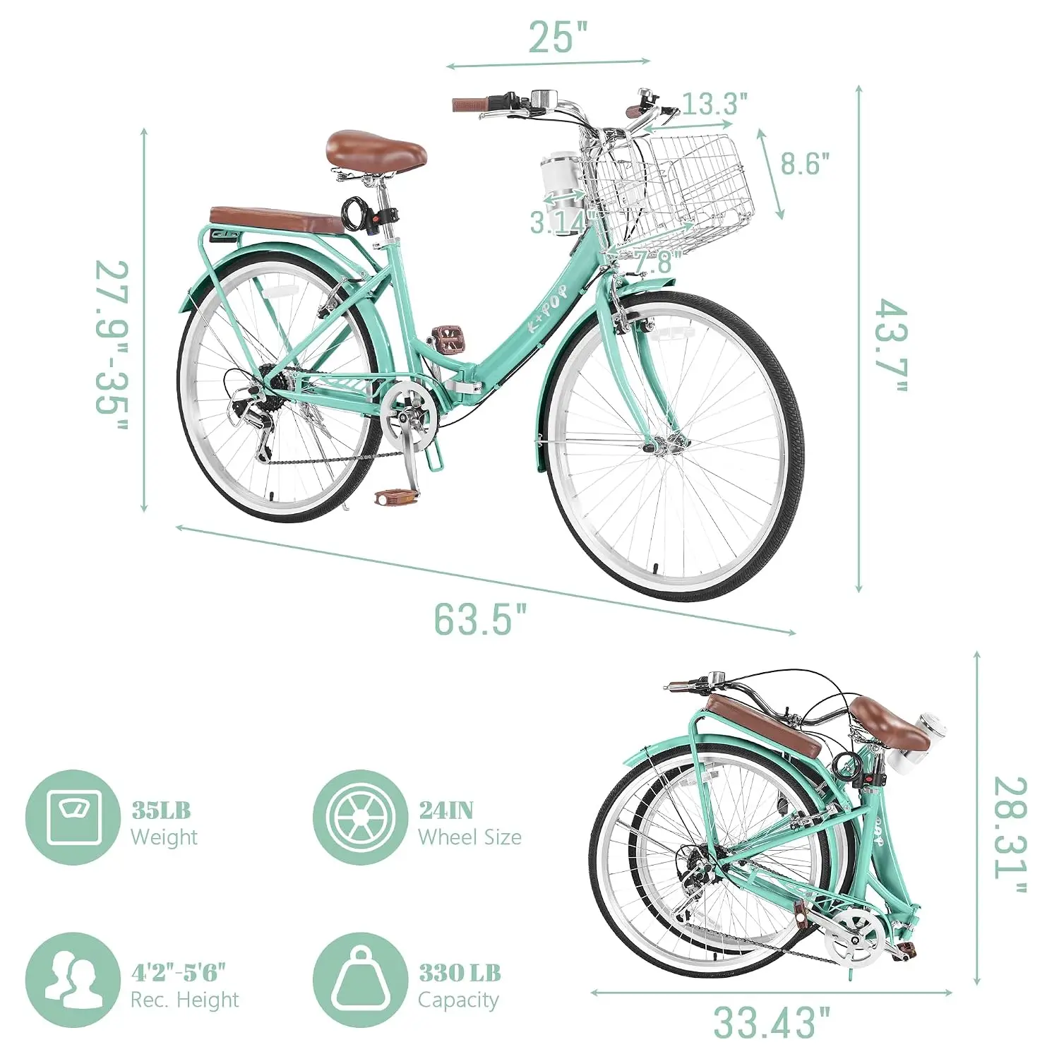 24/26 Inch Folding Beach Cruiser Bike for Women, 7-Speed Foldable Bicycle with Basket & Cup Holder, Adult Commuter Bike