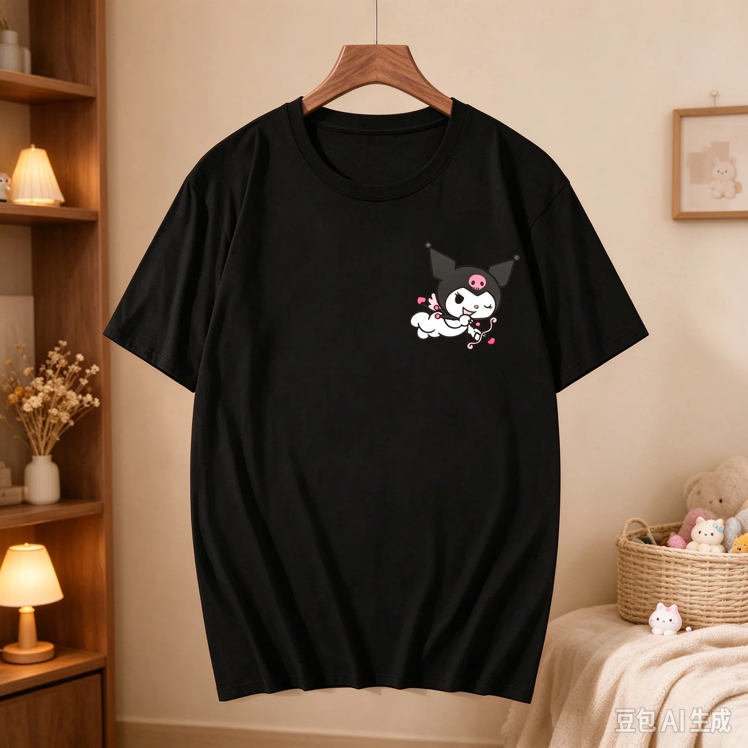 26 Hot-selling Women's Short-sleeve Top: A High-quality, Versatile, and Casual T-shirt Featuring A Cute Kuromi Chest Logo Print.