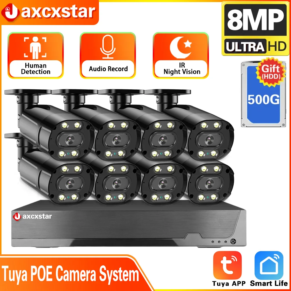 

8CH 4K Tuya POE NVR Security System 8MP/5MP Outdoor Waterproof Home Security Protection CCTV Camera Set Audio Record Video Cam