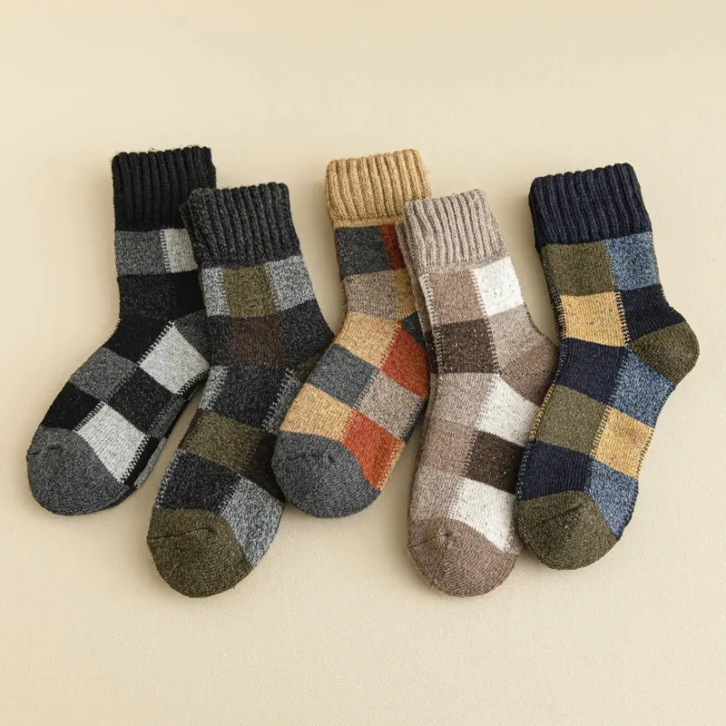 5Pairs Winter Men's Thermal Colorblock Wool Socks Warm Thick Plush Soft Comfortable High Quality Snow Floor Socks