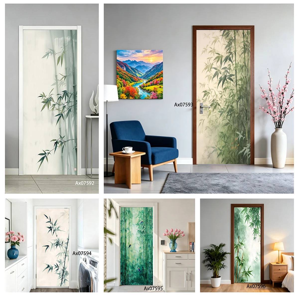 Gradient Pale Green Layered Misty Bamboo Forest Door Sticker Art Mural Self-adhesive Kitchen Refrigerator Wallpaper  Stickers