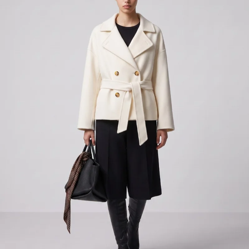 2026 Women Fall Winter Trench Collar Short Jacket Double Face Cashmere Double Breasted Overcoat Belted Waist Soft Cozy Outerwear