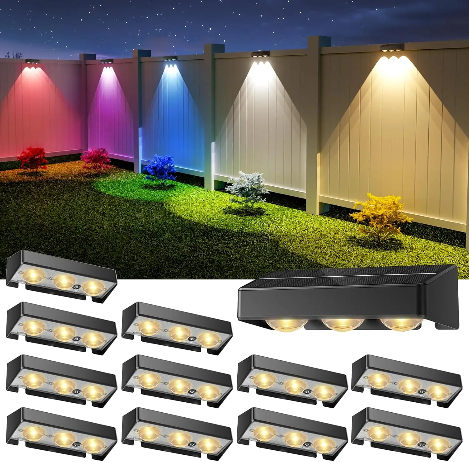Solar Fence Lights, 12 Pack RGB Waterproof LED Outdoor Deck Lights with Lenses for Yard, Railing, Patio - Black