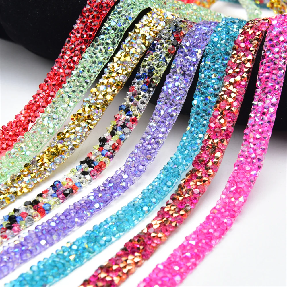 5 Yards 1cm Glitter Hot Fix Rhinestone Trim Resin Crystal Tape Chain DIY Clothes Belt Decoration Iron on Applique Accessories