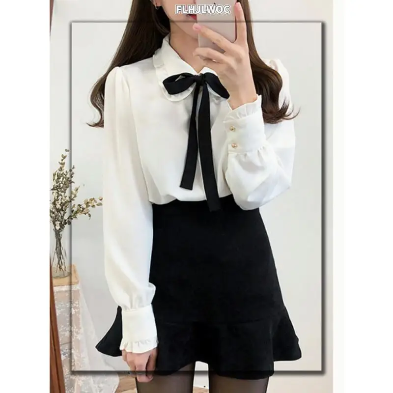 

Chiffon Blouses Shirts New Hot Sales Preppy Style Girls Bow Tie Tops Cute Sweet Korean Temperament Lady Peter Pan Collar Shirt