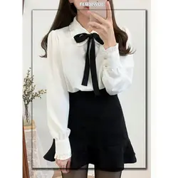 Chiffon Blouses Shirts New Hot Sales Preppy Style Girls Bow Tie Tops Cute Sweet Korean Temperament Lady Peter Pan Collar Shirt