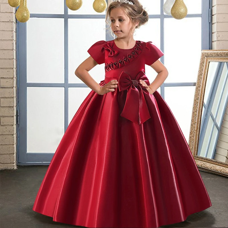 Teenager Pageant Big Bow Party Dress For Girls Children Costume Short Sleeve Princess Dresses Girl Dress Wedding Gown 4-14Y