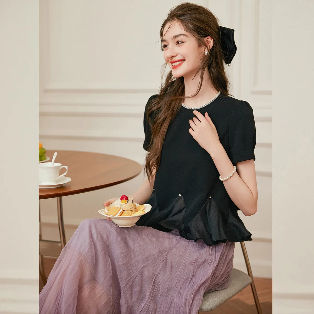 LOUIS YAO Patchwork Blouses 2025 Summer Women's Shirt Sweet Elegant Neckline Bead Chain Lotus Leaf Hem Slim Short Sleeve Shirt