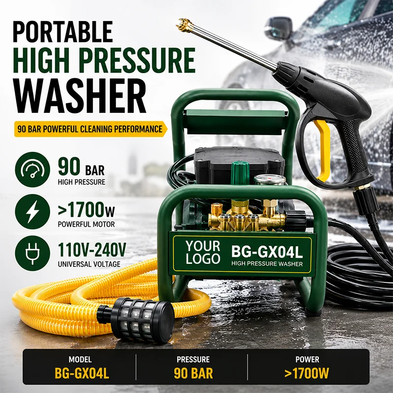 Pressure Washer Foam Gun - 90Bar、1800Wの出力を持つ、持ち運び可能な自動高圧洗浄機。ホースリール付きで、電動で車を洗うのに最適。