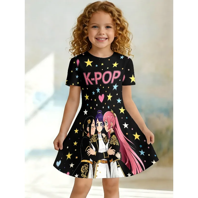 Girl K-POP Anime Idol Group Printed T-shirt Dress, Suitable for Fans and Children, Black Celebrity and Heart-shaped Casual Dress