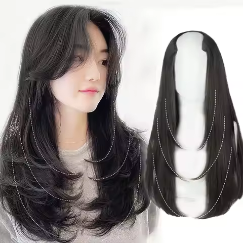 합성 가발 여성용 Traceless 보이지 않는 U 자형 긴 직모 내부 버클 포함 긴 곱슬 머리 자연 확장 가발