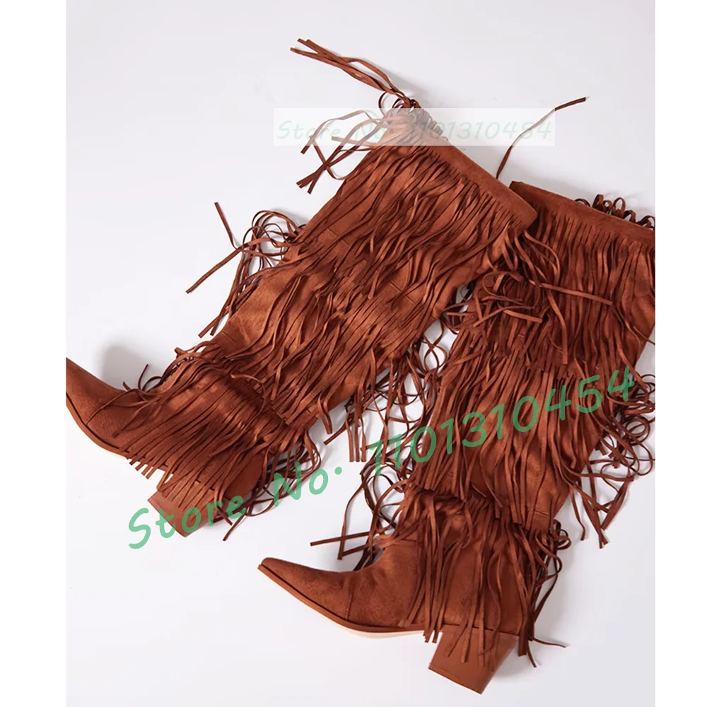 Suede Fringe Western Boots In Tan Women Block Heel Pointy Mid Calf Shoes 2023 New Trending Ladies Work Tassel Couture Boots