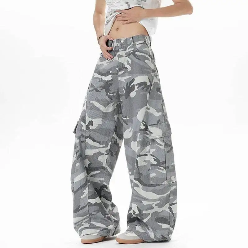 American Style Baggy Jeans Men New Stylish High Street Printing Camouflage Wide Leg Male Curved Knife Denim Pants 9WTAKL