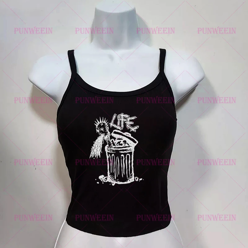 LIFE sweetheart Gothic Y2k 90s Vintage Harajuku Sleeveless Tank Top metal Graphic emo girl Dark Punk Streetwear Sexy slim top