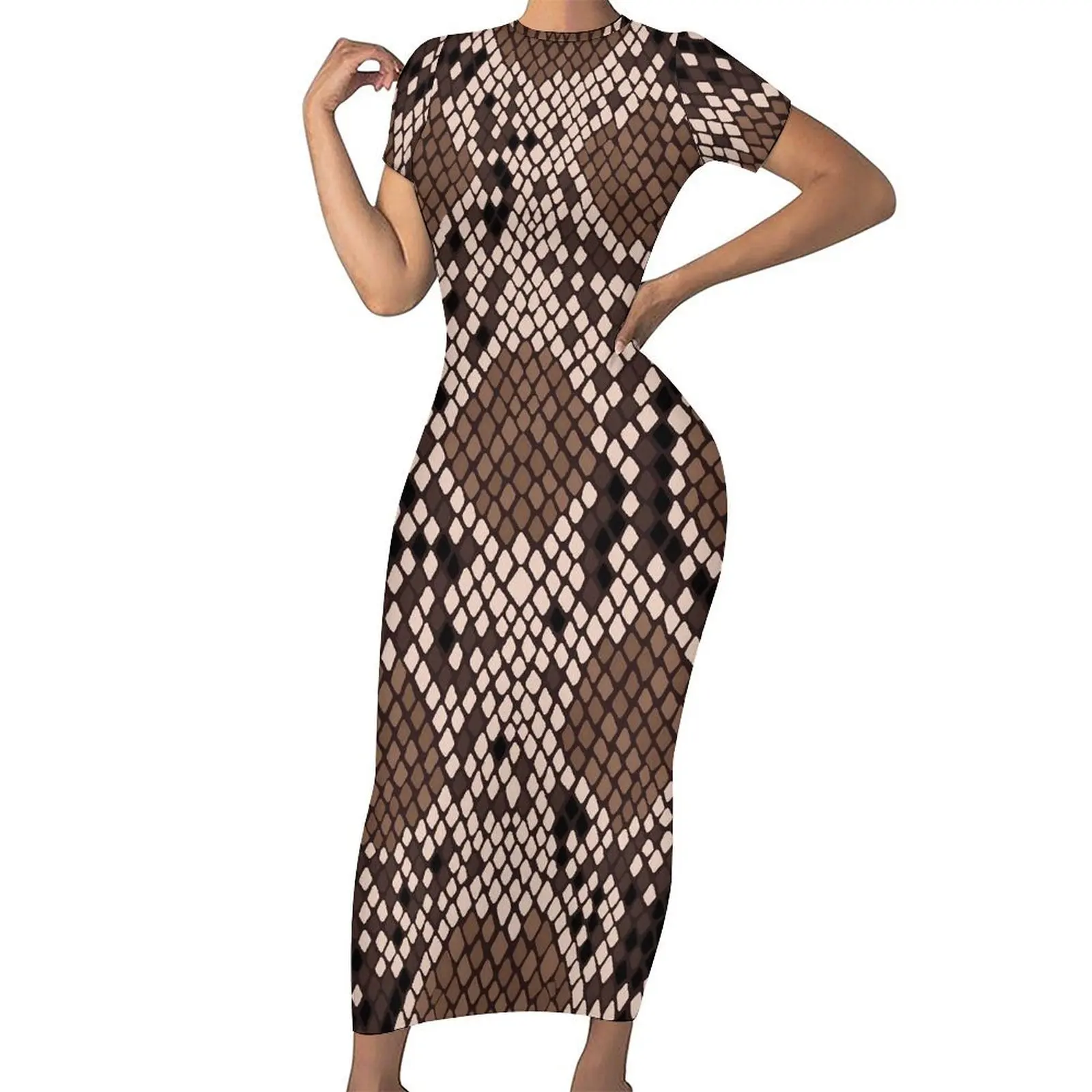 Getextureerde slangenhuidjurk vrouw abstracte dierenmode bodycon-jurk lente maxi-jurken met korte mouwen grafische oversized kleding