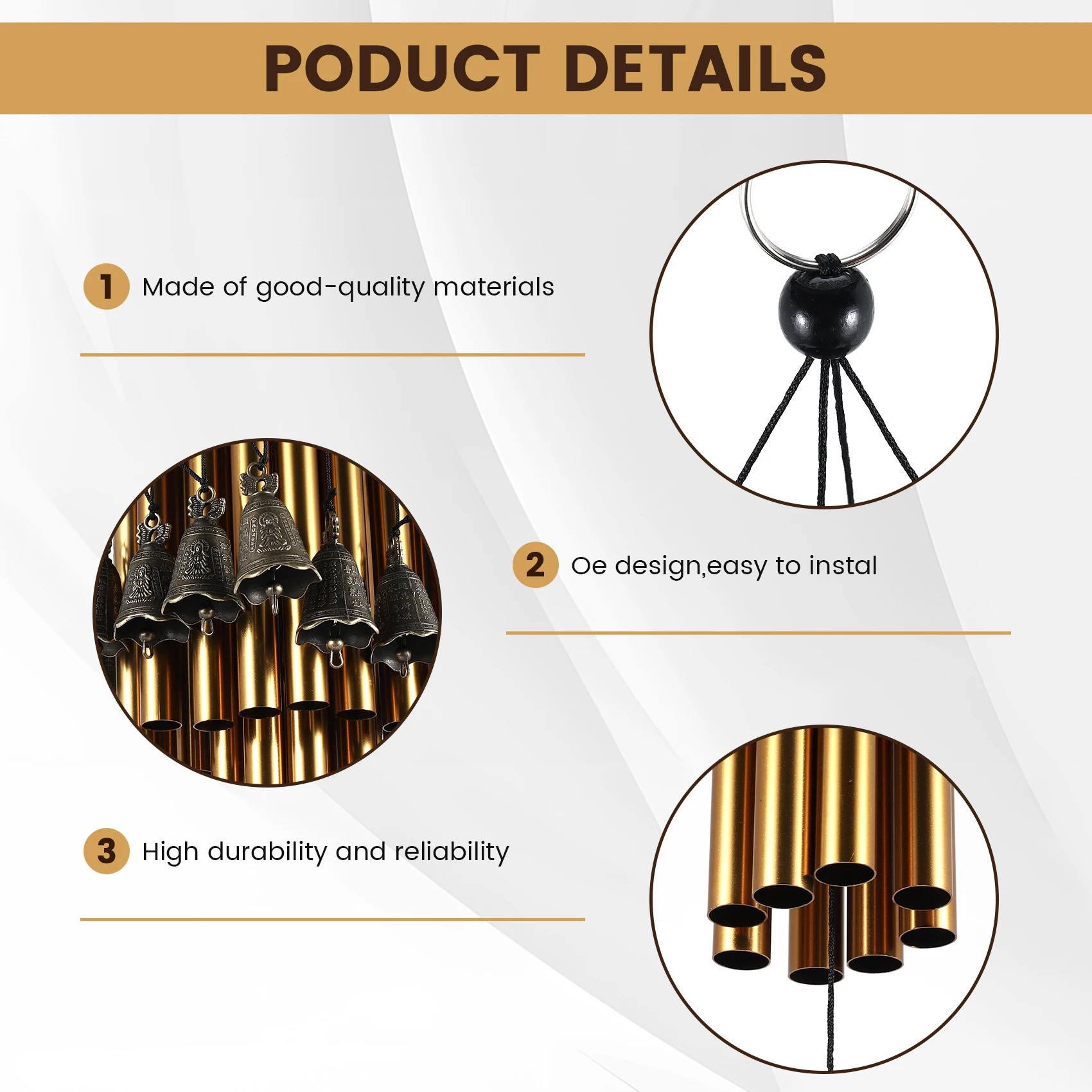 ABFS Outdoor Indoor Metal Tube Wind Chime with Copper Bell Large Windchimes For Yard Patio Garden Terrace Decoration 80cm