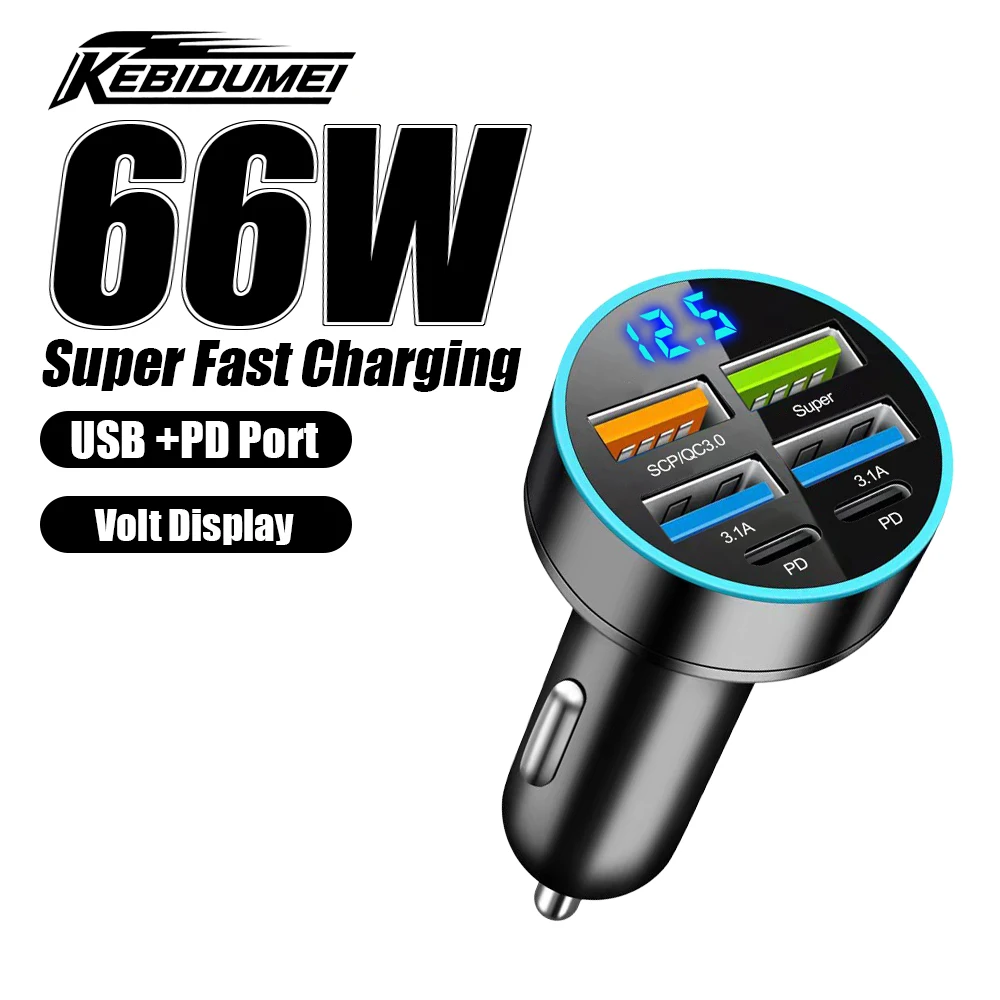 KEBIDUMEI Car Charger 6 Ports PD QC3.0 USB Phone Charger Fast Charging Adapter 66W Digital Display For iPhone Auto Accessories
