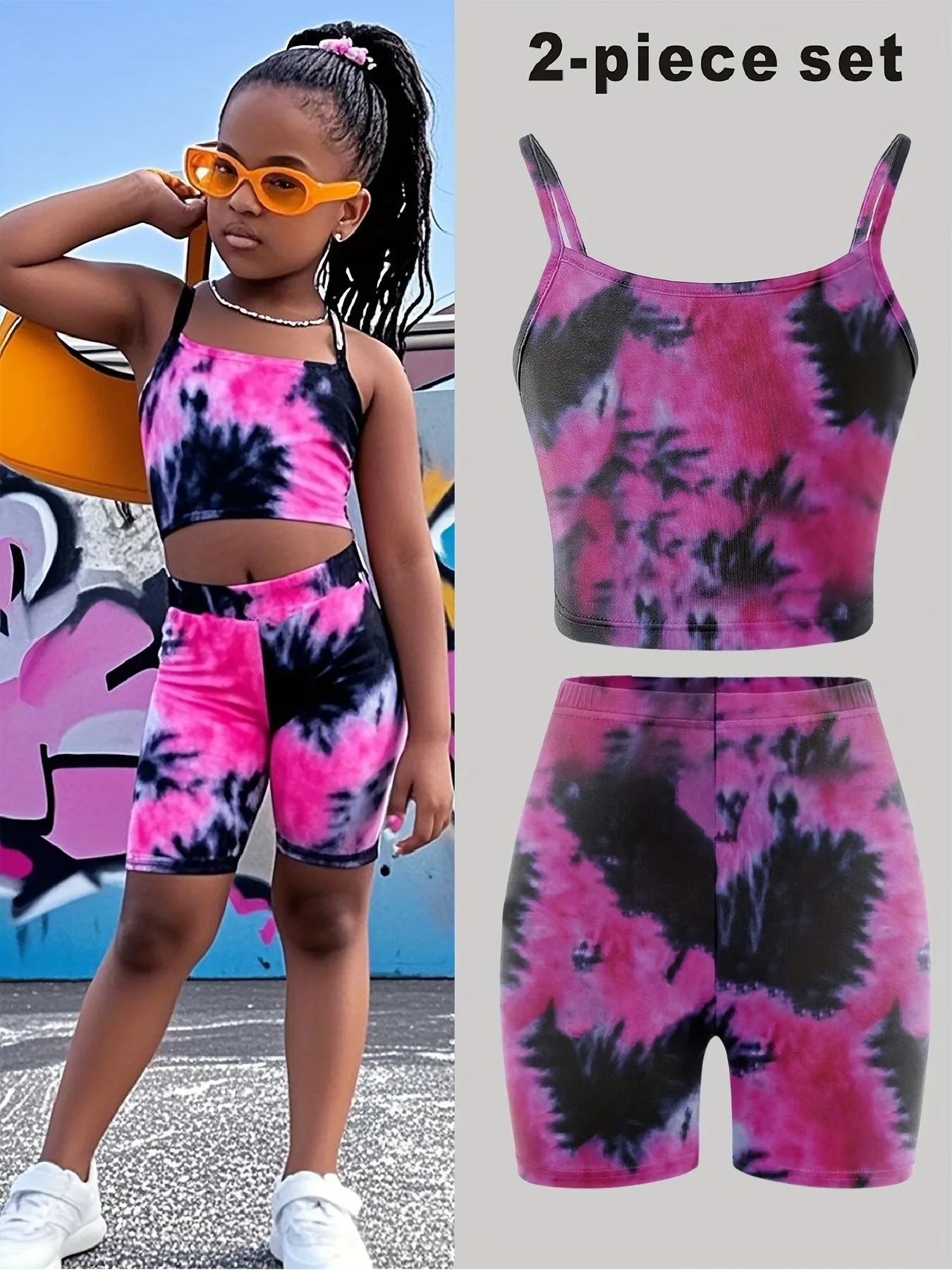 Trendy Girls 2Pcs Tie Dye Co-Ord, Pink Black Tie-Dye Cami Crop Top & High Waist Biker Shorts Summer Outfit