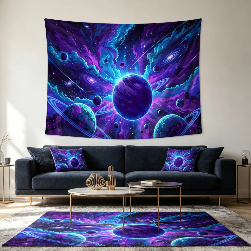1PC Purple Planet Nebula Art Print Backdrop Banner, Bedroom Living Room Photo Background, Polyester, Home Decor, Wall Art