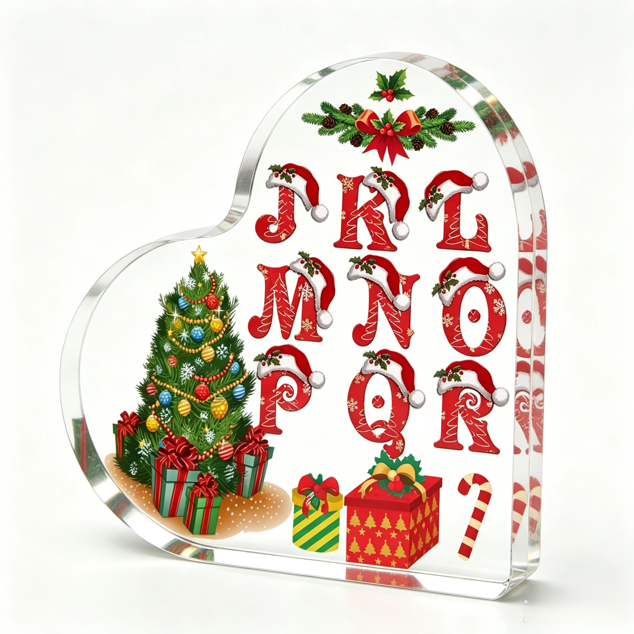Heart Shape Acrylic Sign, Christmas Alphabet J‑R Desktop Ornament, Santa Hat Letters Xmas Tree Gift Box Holly Candy Cane Table Decor, Christmas Letter‑Theme Home Holiday Gift, 2D Flat