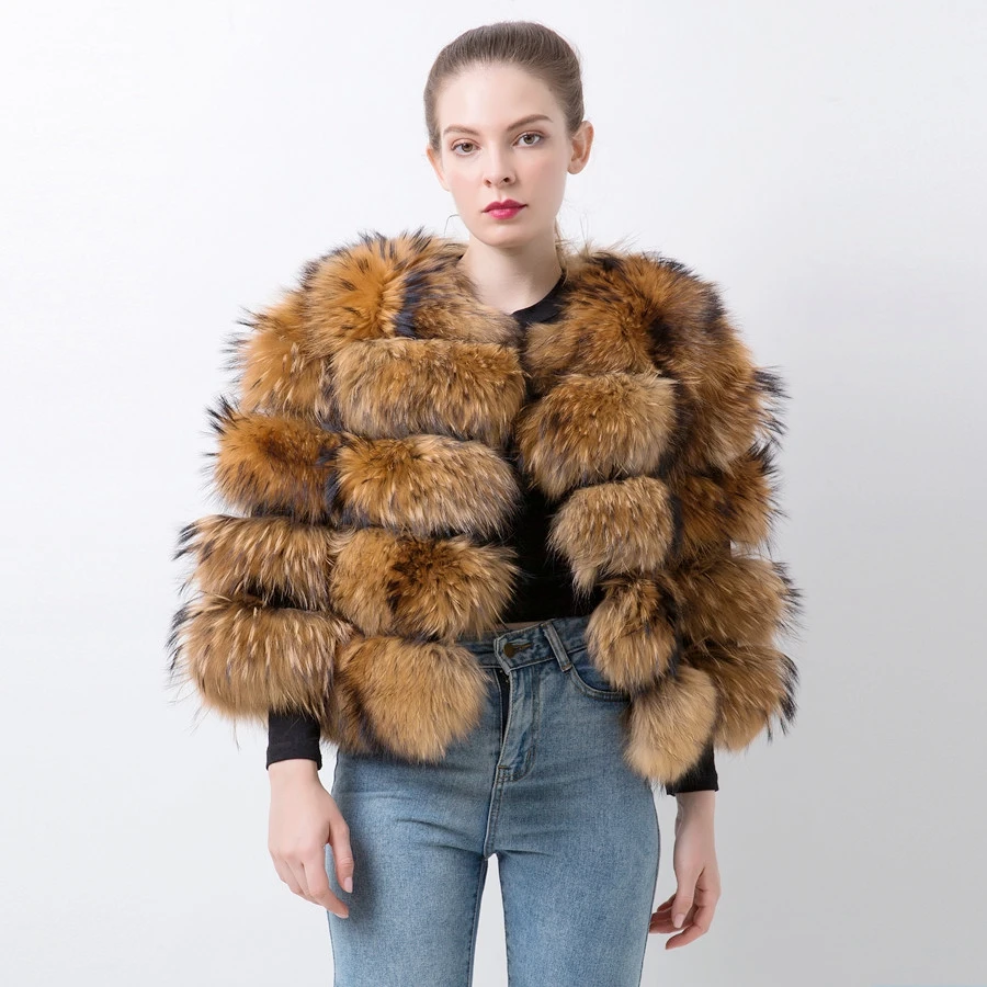 Free Shipping Fluffy Natural Color Raccoon Fur Coat Women slim fit Jacket