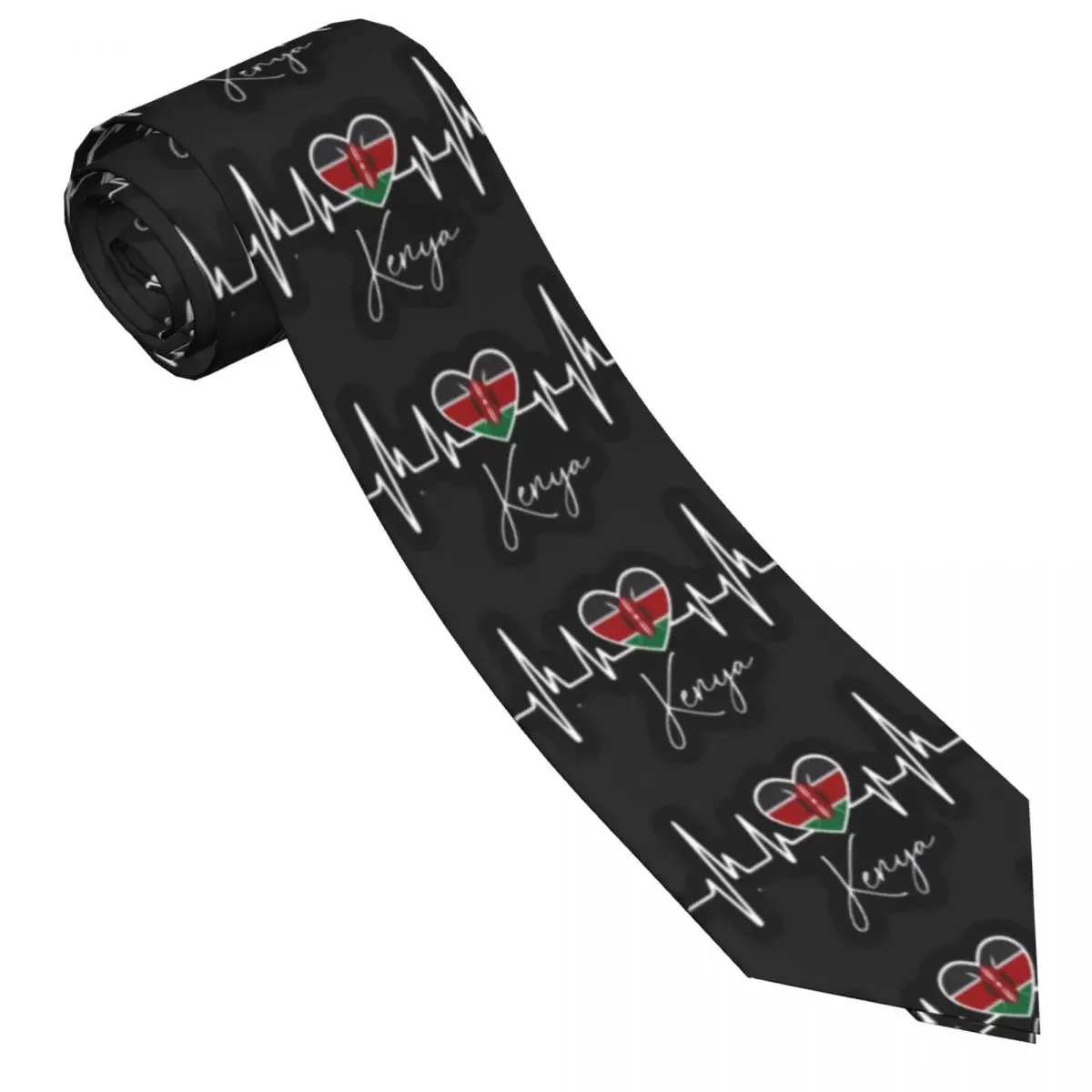 Men's Tie Custom Flag Of Kenya Heartbeat Neck Ties 3D Print Fashion Elegant Collar Tie Cosplay Party Quality Necktie Accessories