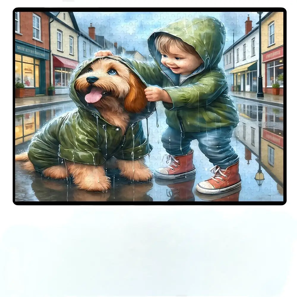 Cartoon Animal Jigsaw Puzzle,Kawaii Beach Turtle,Boy & Dog Rainy Street,Cool Fashion Cows,Funny Barber Pig Puzzle Wall Art Gift