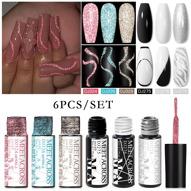 MEET ACROSS 6 pièces/ensemble ligne réfléchissante Gel vernis à ongles paillettes or rose violet Nail Art Liner UV Gel bricolage peinture dessin vernis